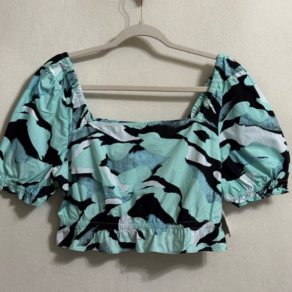 BP. Crop Top Short Puff Sleeve Black Teal Blue Square Neck Blouse Size M NWT - Picture 7 of 8